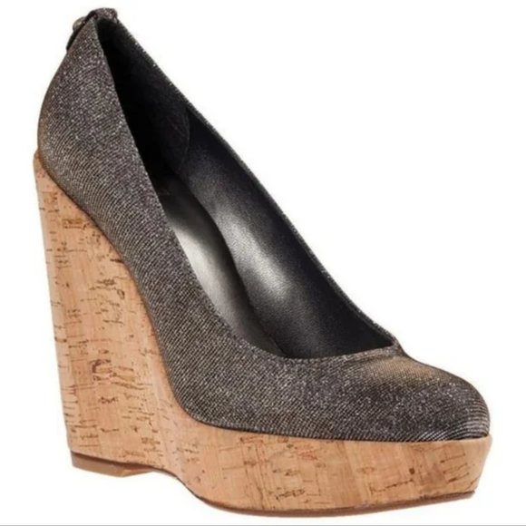 Womens Stuart Weitzman Glitter Silver and Tan Corkswon Wedge Heel Size 8